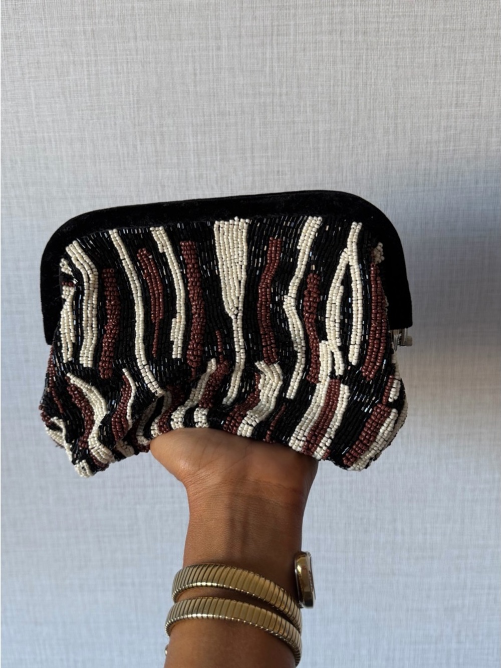 Beaded Zebra-Stripe Clutch Bag in Black, White & Brown